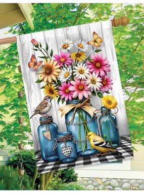 Floral Mason Jars Premium House Flag by Briarwood Lane